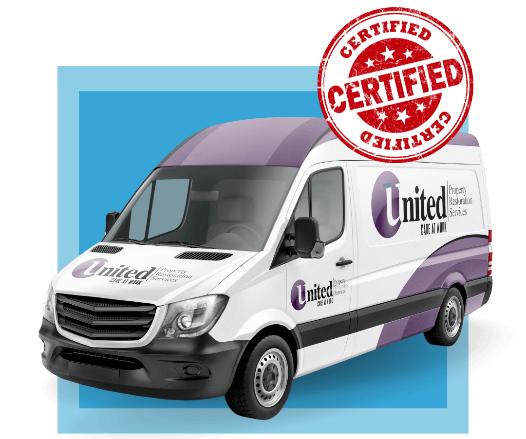 A white and purple van with a certified stamp on it