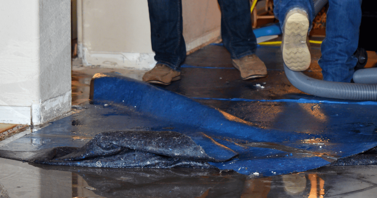 A couple of people are standing on a flooded floor.