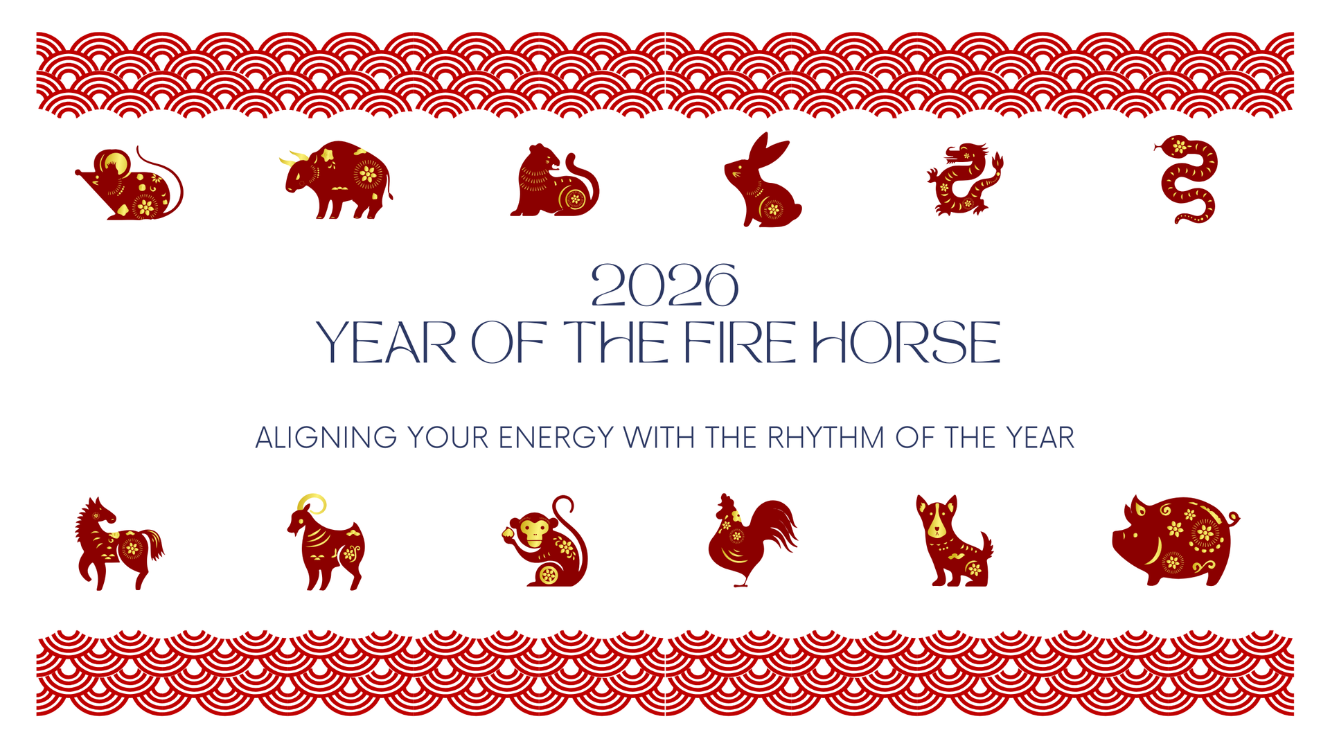 Chinese Zodiac signs illustrated in red and gold, arranged with ornamental borders.