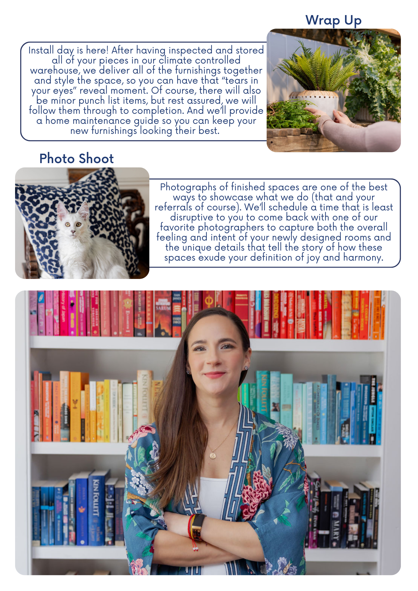 Woman in front of a rainbow bookshelf; smiling, arms crossed.