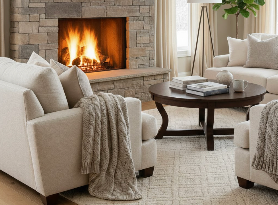 Cozy living room with a lit fireplace, beige sofas, a round coffee table, and a patterned rug.
