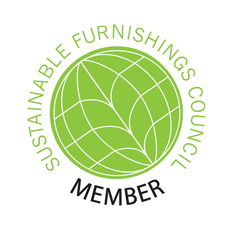 Logo of the Sustainable Furnishings Council: green globe with curved lines and text 