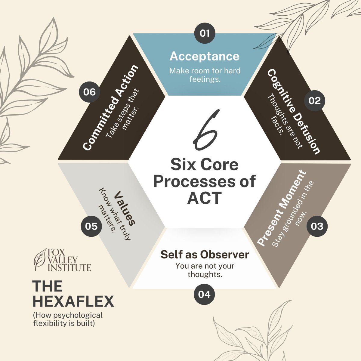 Diagram of the six core processes of ACT, known as the Hexaflex