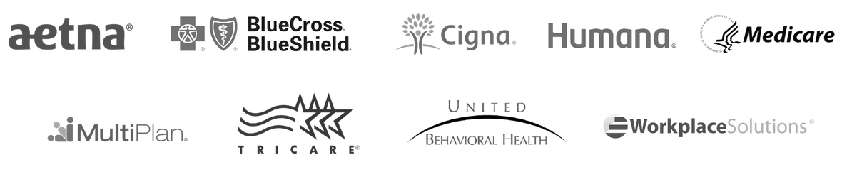 Accepted insurance logos: Aetna, BlueCross BlueShield, Cigna, Humana, Medicare, MultiPlan, Tricare and UBH