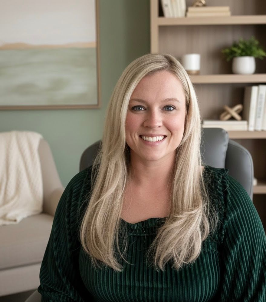 Smiling woman in a home office with shelves, a landscape painting, and a beige blanket in the background