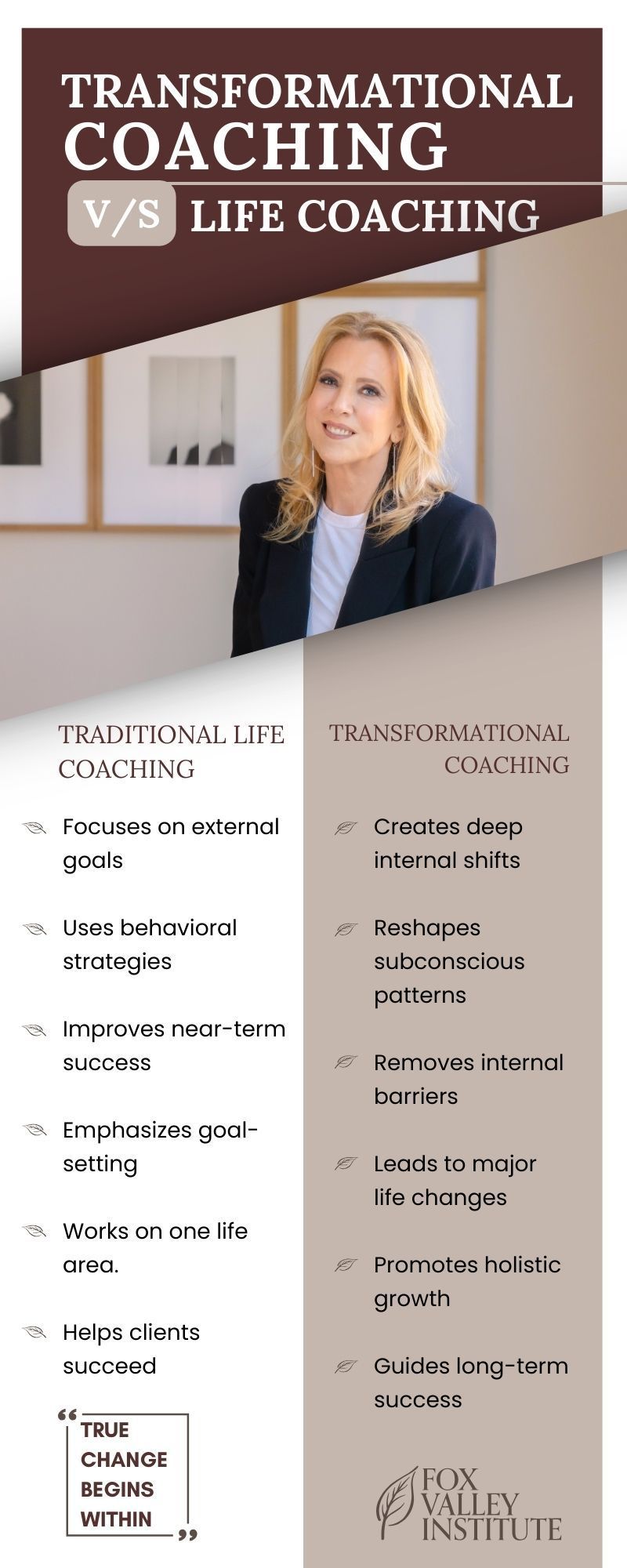 Traditional Coaching vs. Transformational Coaching Traditional Coaching vs. Transformational Coaching: What’s the Difference?
While traditional coaching focuses on goal-setting, performance, and external achievements, Transformational Coaching goes deeper. It’s not just about what you want to accomplish; it’s about who you are becoming in the process.
If traditional coaching is like learning how to drive efficiently, then transformational coaching is understanding why you’re on the journey in the first place.
It transcends surface-level change and fosters enduring transformations in thoughts, emotions, and behaviours. I emphasise Transformational Coaching because genuine, lasting change originates from within.