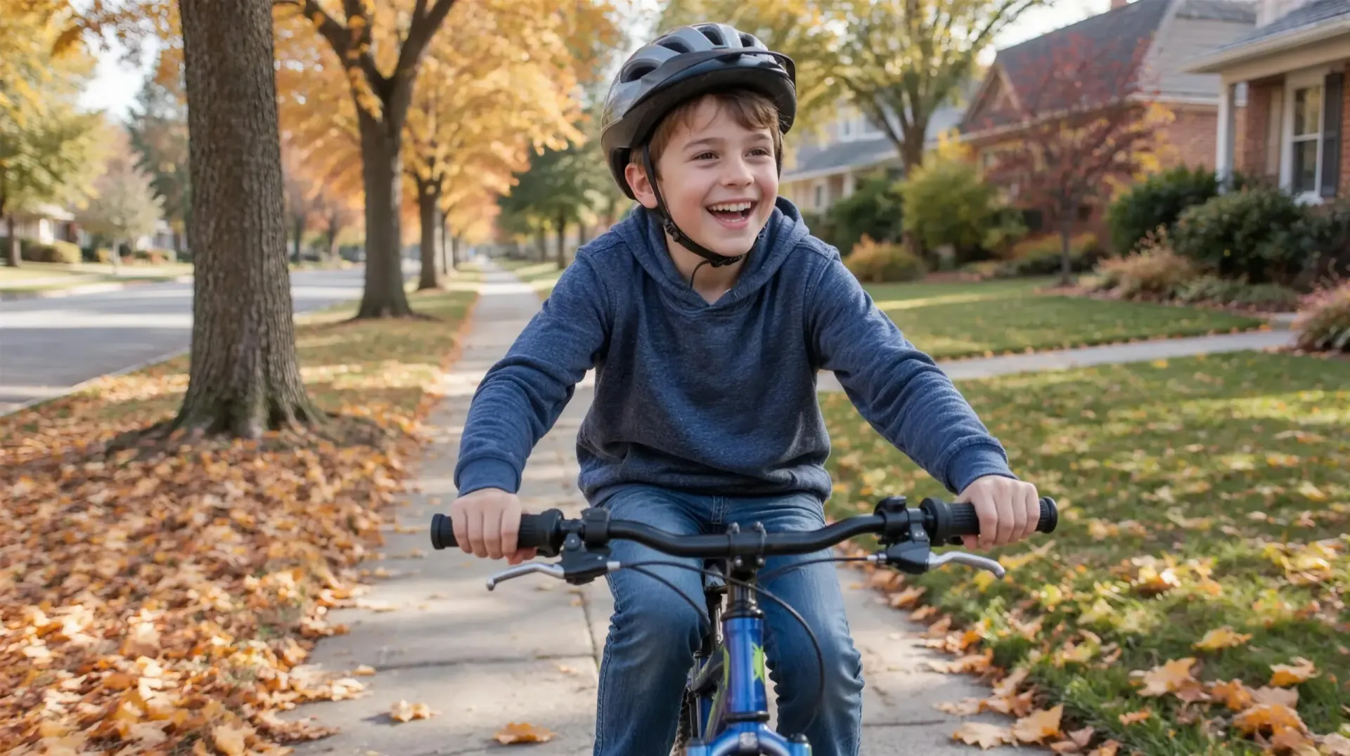 Boy laughing as he rides his bike down a leaf-covered sidewalk in the fall