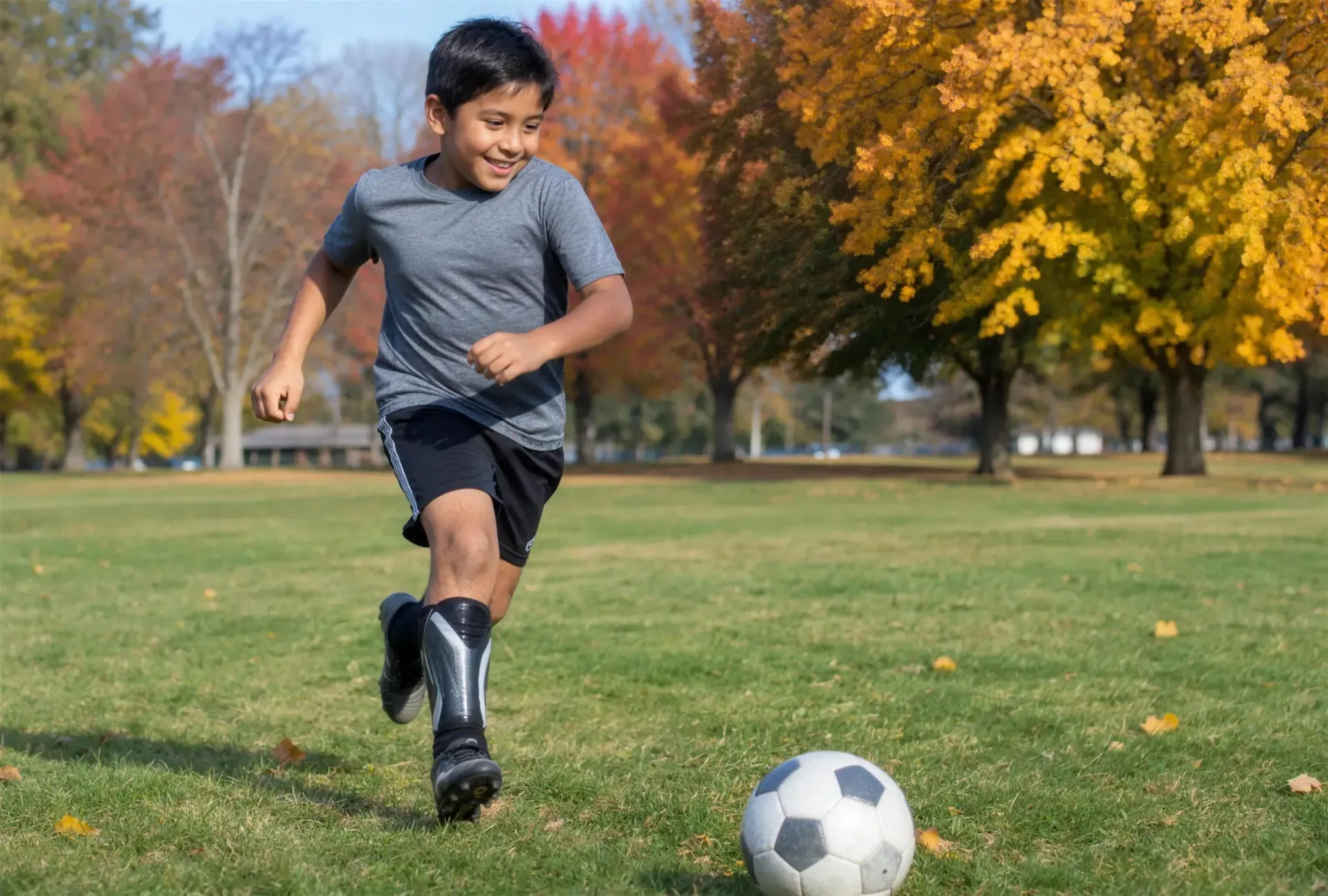 Boy grinning as he runs after a soccer ball in a park on a fall afternoon