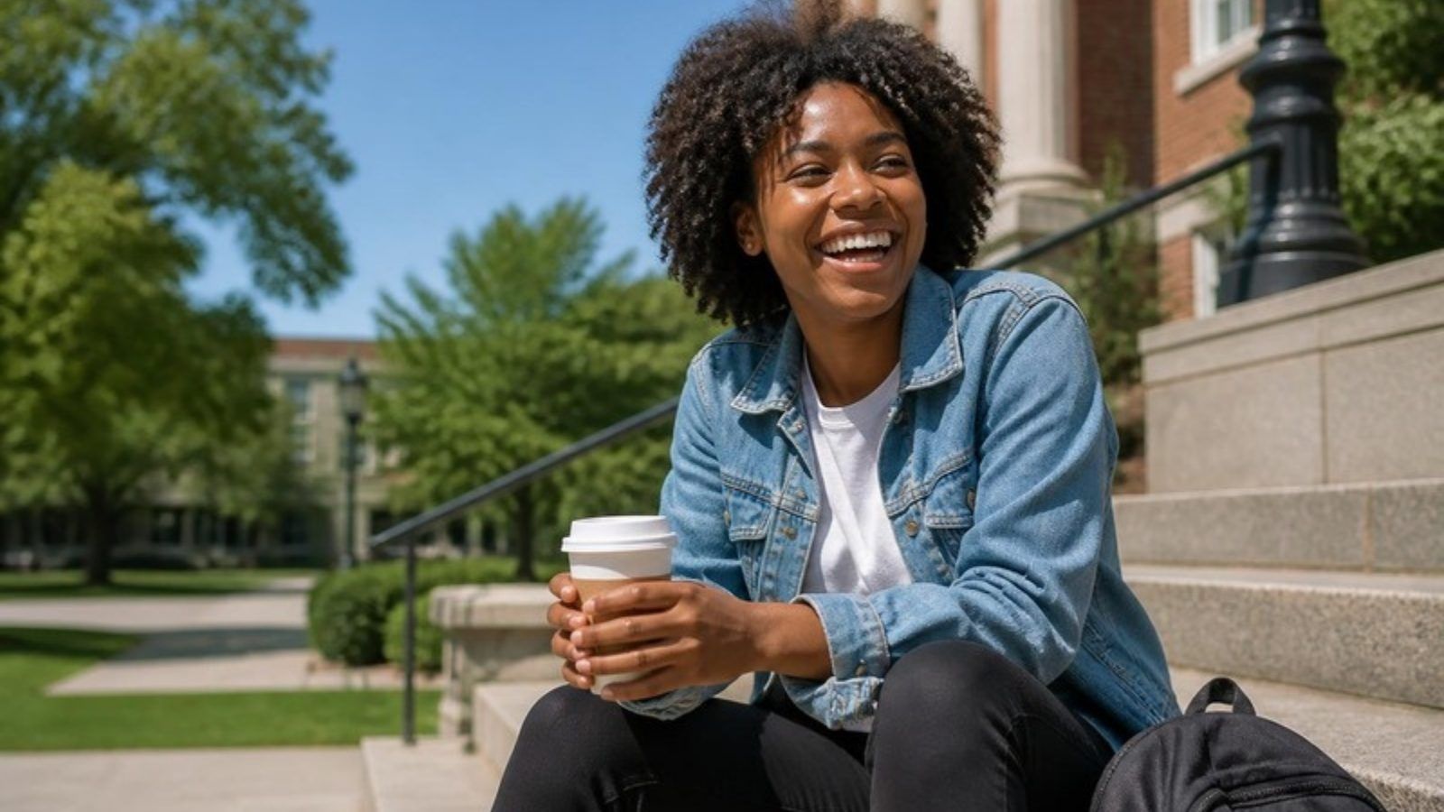 Smiling college student with a coffee sitting on campus steps on a sunny day