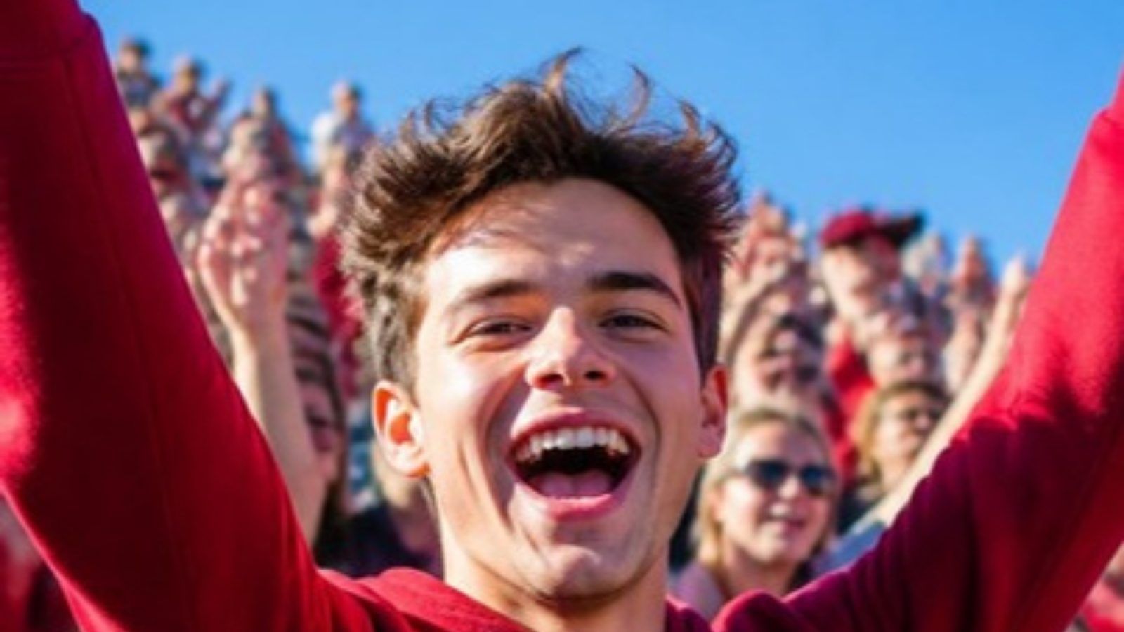 College student cheering in the stands at a sunny campus football game