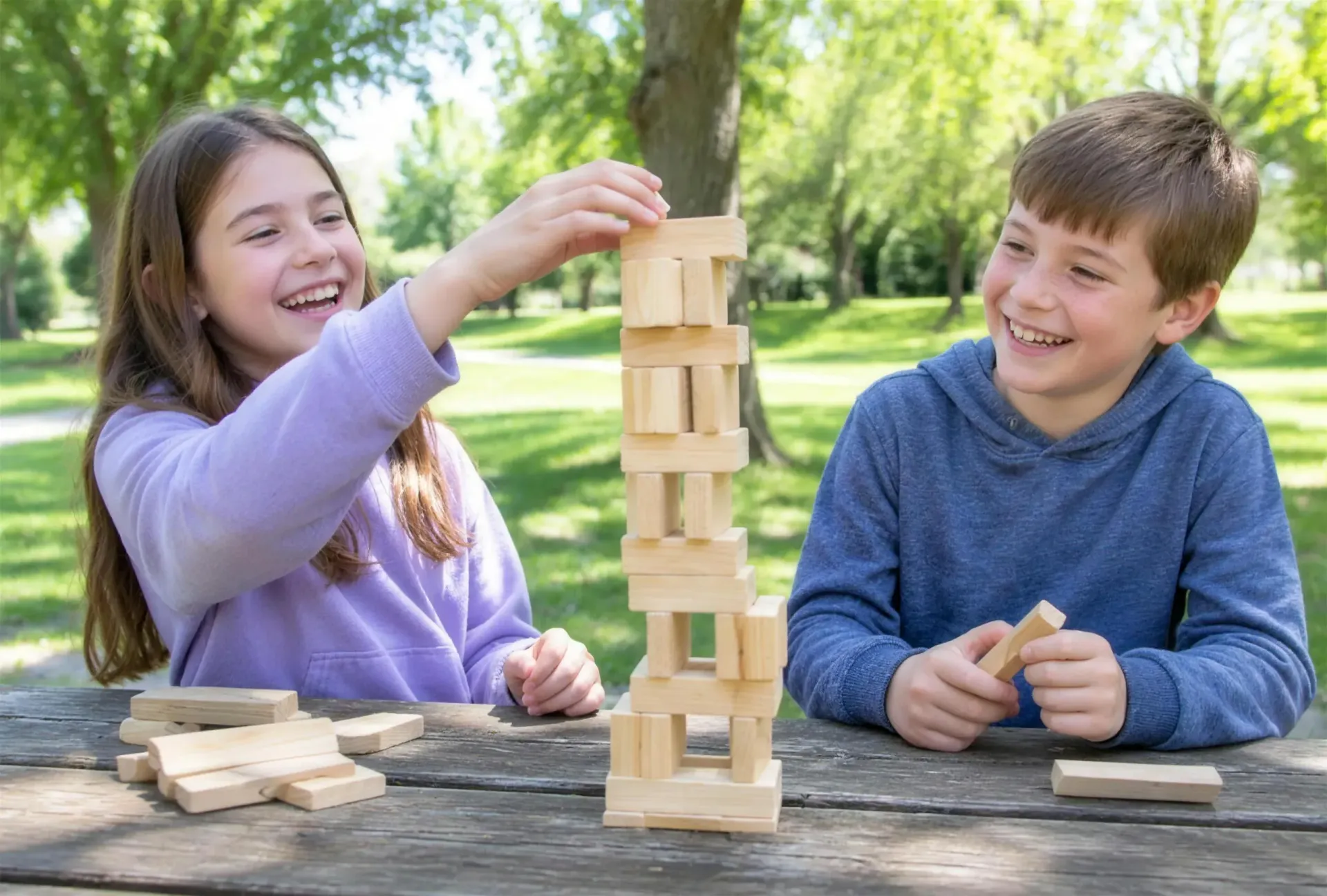 Two kids laughing as they build a tall wooden block tower at a park picnic table