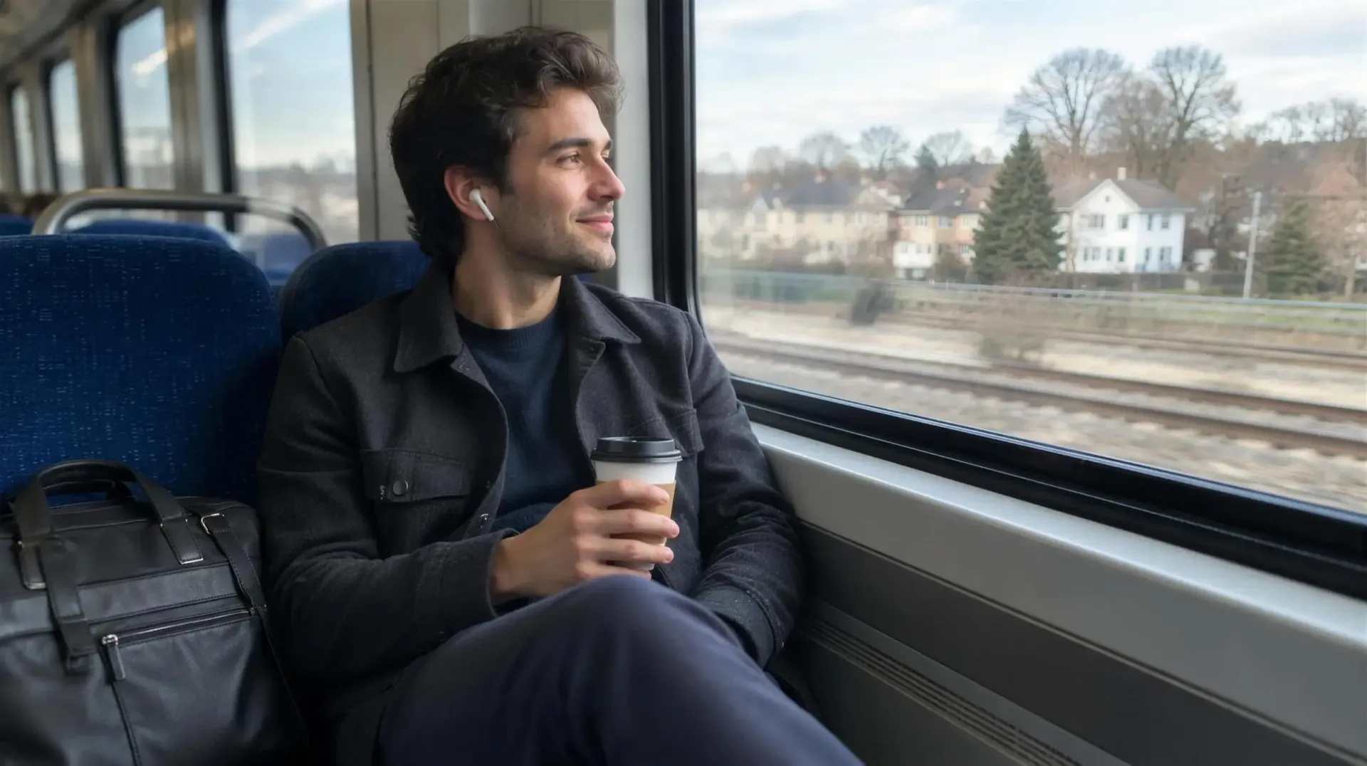Young man smiling on a commuter train with a coffee, looking out the window