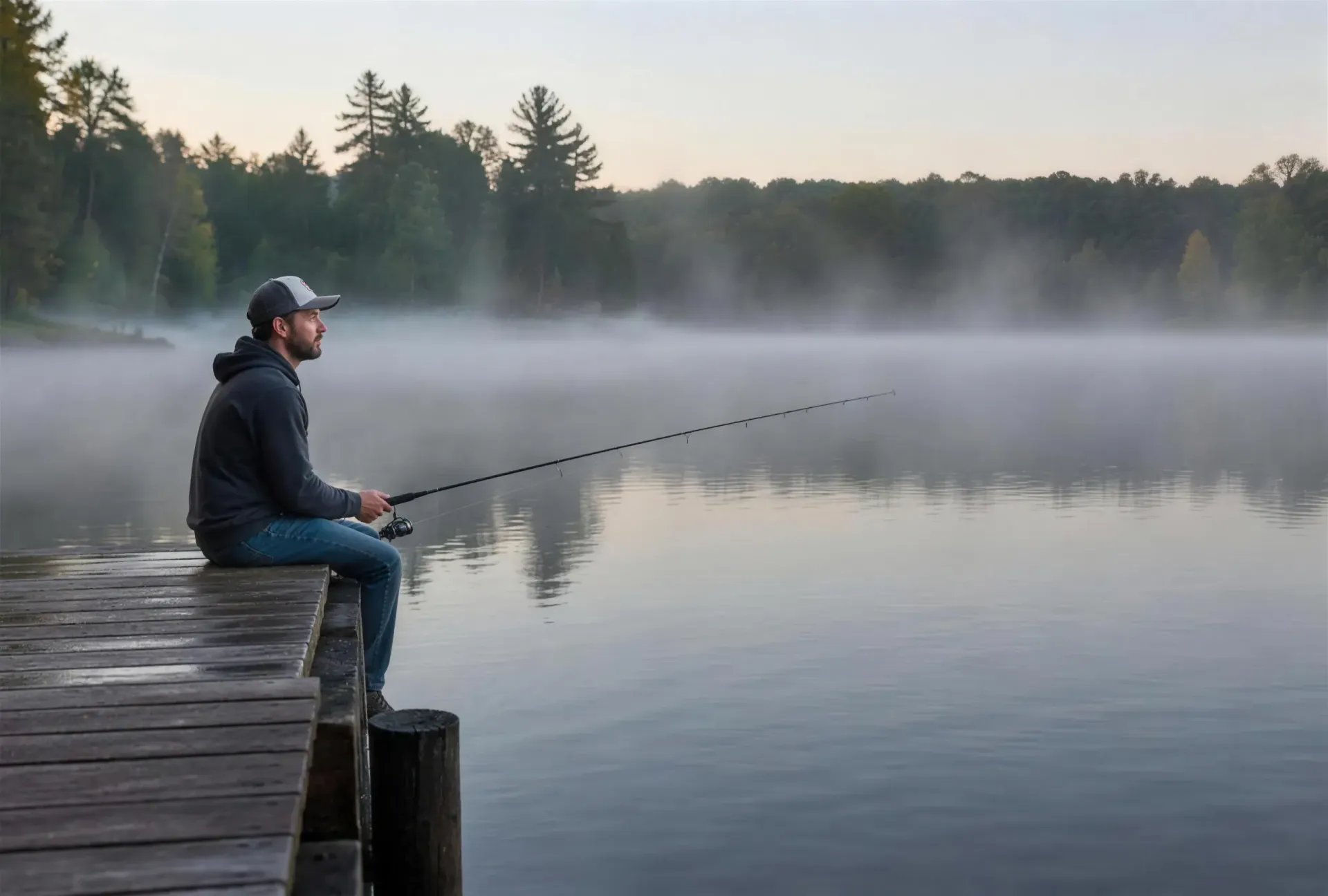 Man sitting calmly on a wooden dock fishing on a misty lake at sunrise