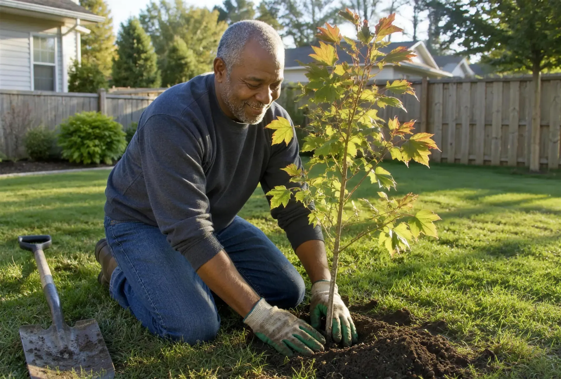 Man in his sixties smiling as he plants a young maple tree in his backyard