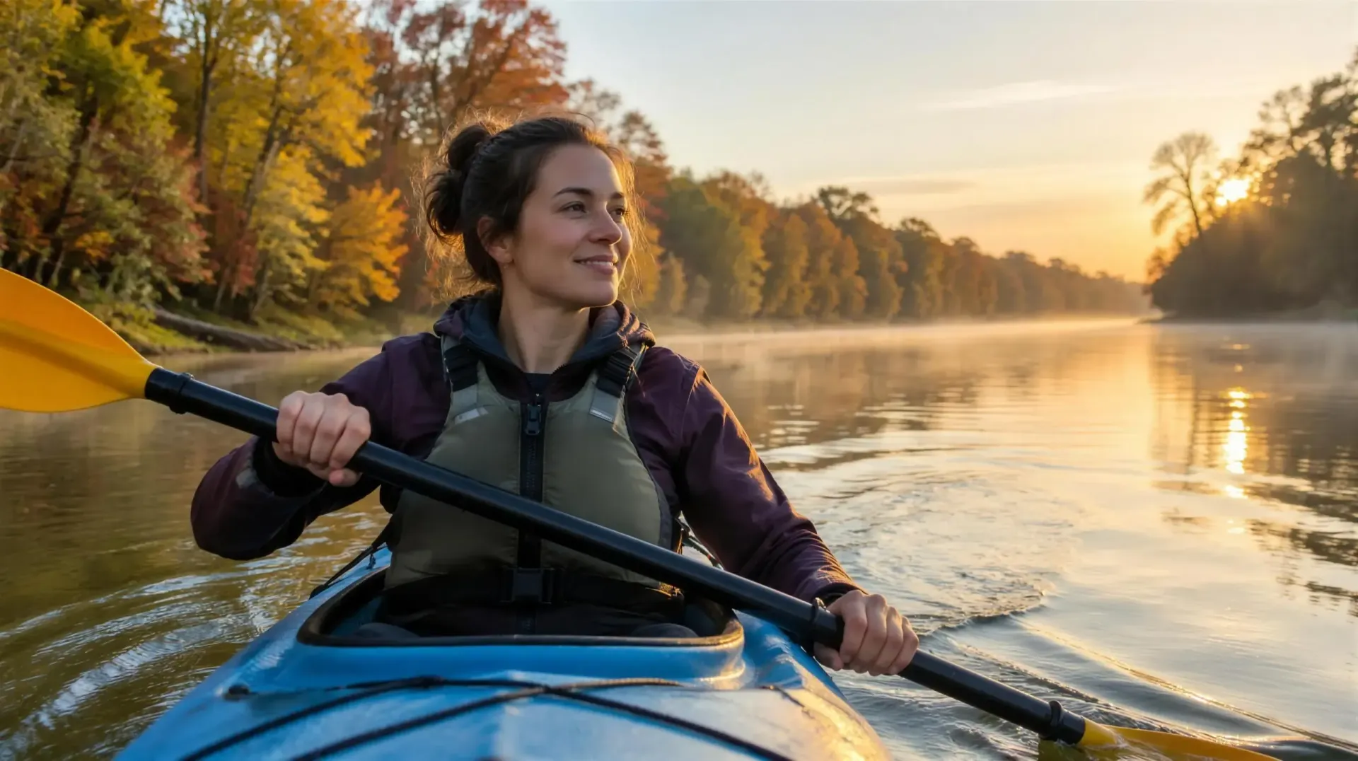 Woman smiling as she paddles a kayak on a calm river at sunrise