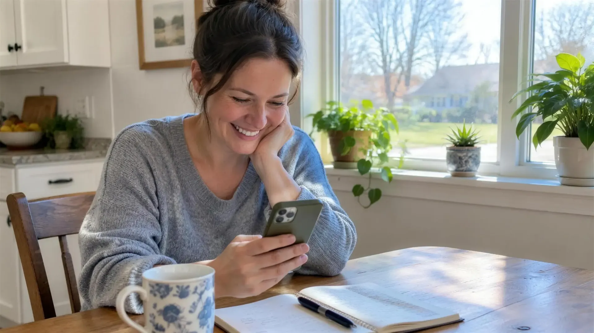 Woman smiling at her phone at the kitchen table with a cup of coffee
