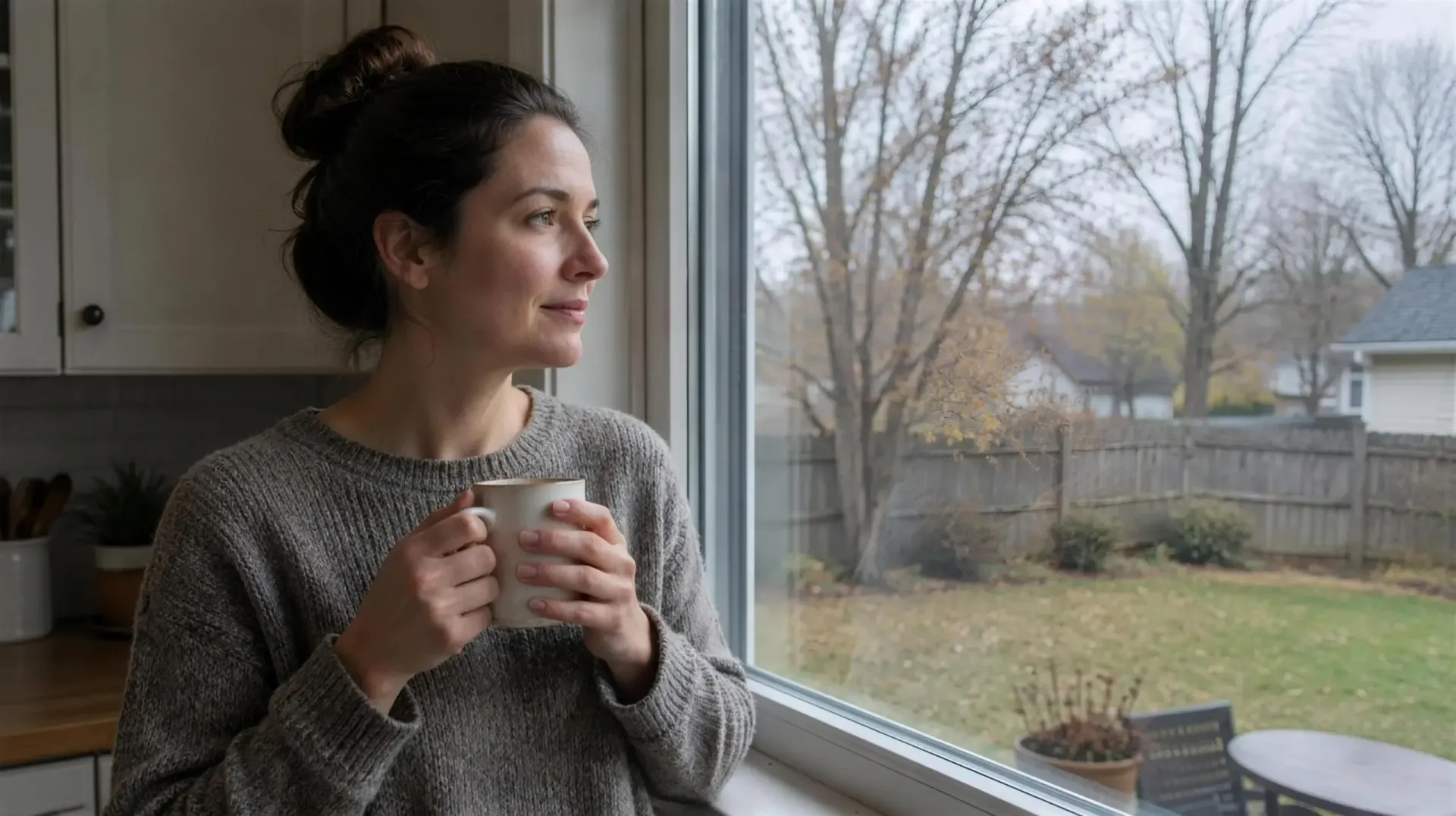 Woman holding a mug of coffee and looking out her kitchen window on a gray fall morning