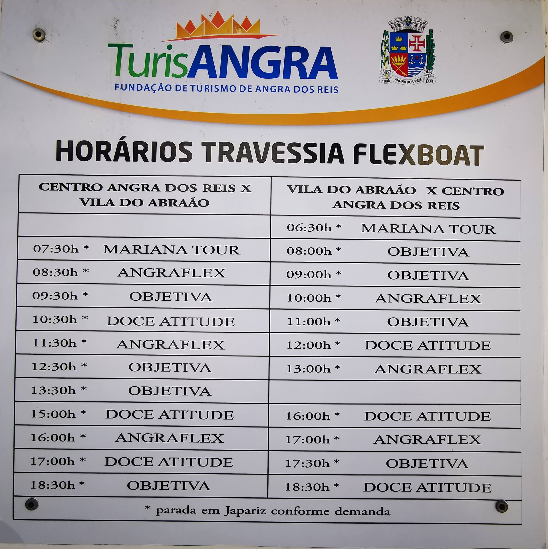 Timetable for Angra dos Reis to Vila do Abraão ferry and Flexboat