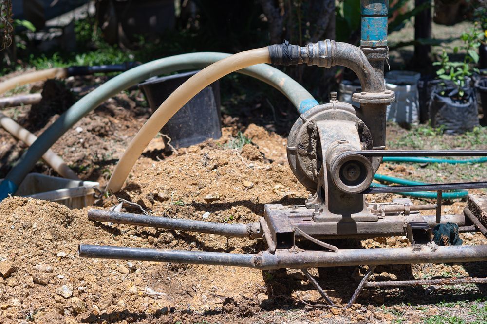 A Water Pump is Sitting in the Dirt With Hose Attached to It — Sweeney's Pumps & Irrigation In Port Stephens, NSW