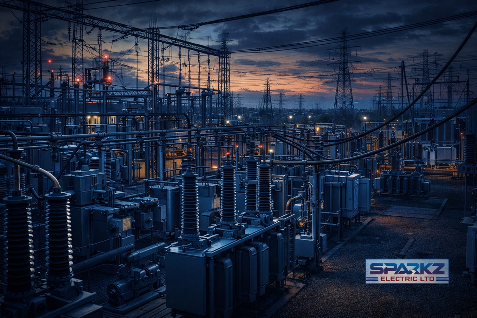 High-voltage electrical substation at dusk with dense power lines and blue-lit equipment