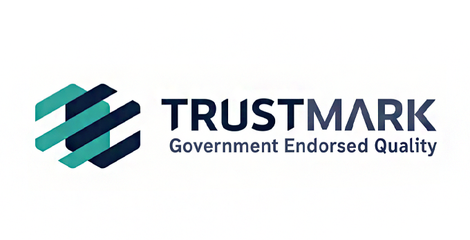 TrustMark logo with teal and navy geometric icon and text “Government Endorsed Quality”