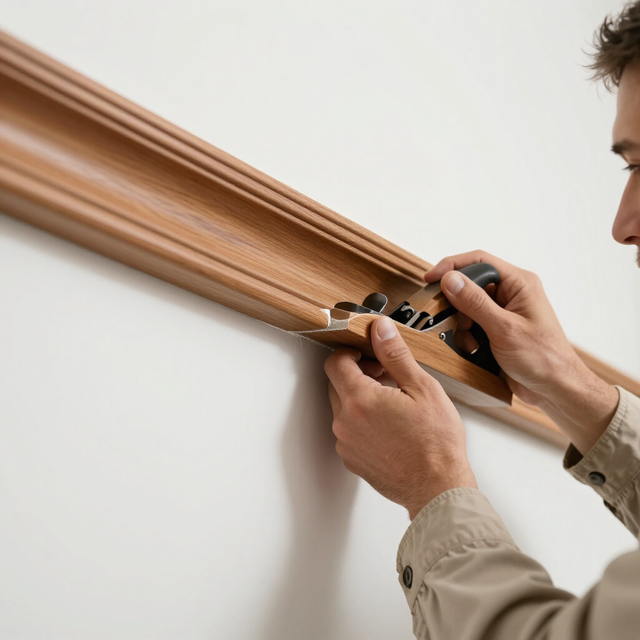Installing a wooden trim molding on a white wall with a hand tool