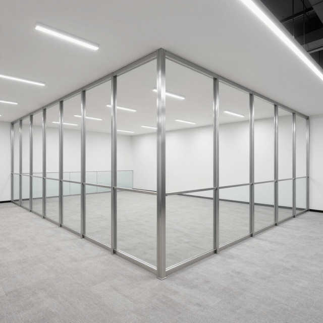 Empty modern glass-walled office space with gray carpet and bright ceiling lights
