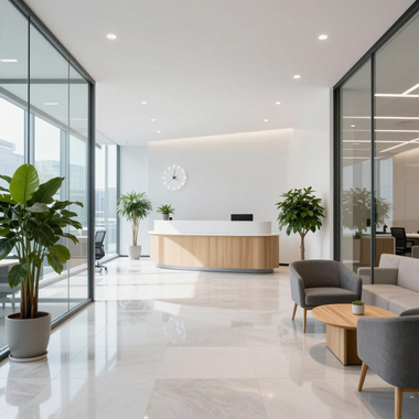 Modern office lobby with white marble floor, reception desk, glass walls, and gray lounge chairs with plants