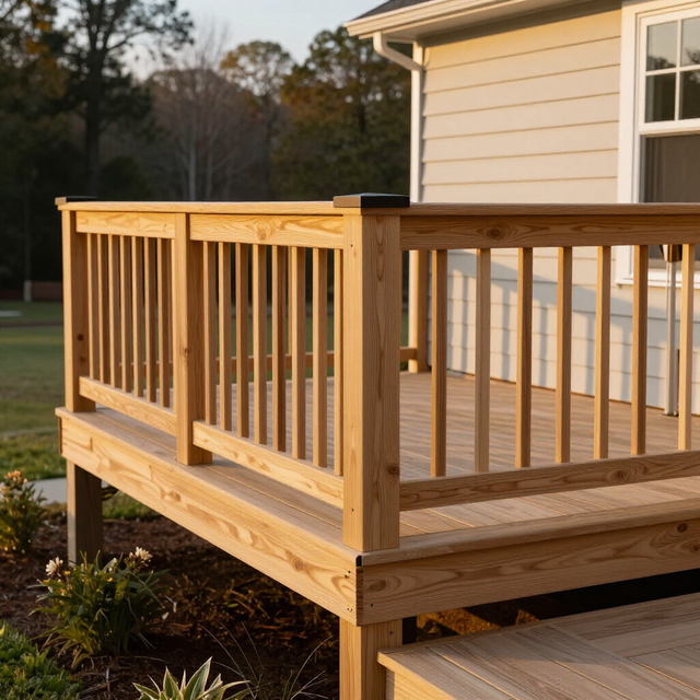Wooden backyard deck with railing attached to a house, shown in warm evening light