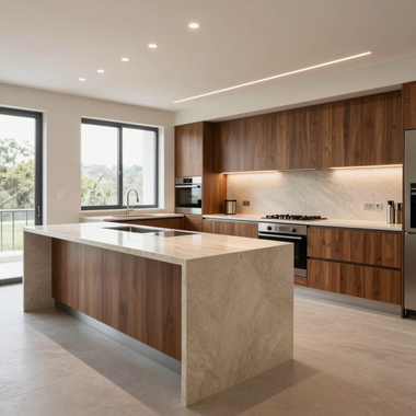 Modern kitchen with wood cabinets, stone island, and large windows in a bright open-plan home