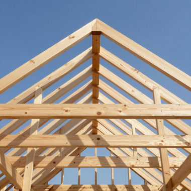 Wooden roof trusses under construction against a clear blue sky