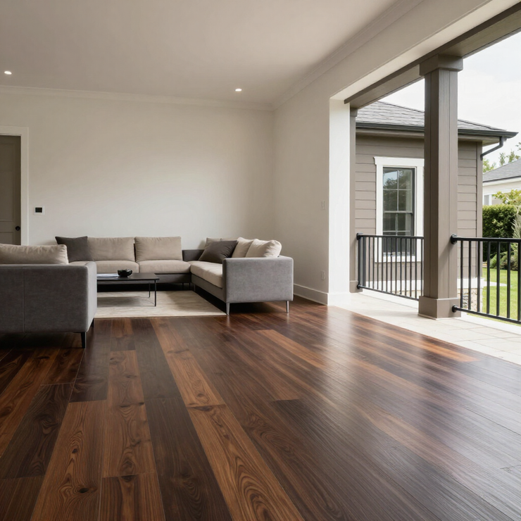 Modern living room with dark wood floors, gray sectional sofa, and open view to a patio and yard