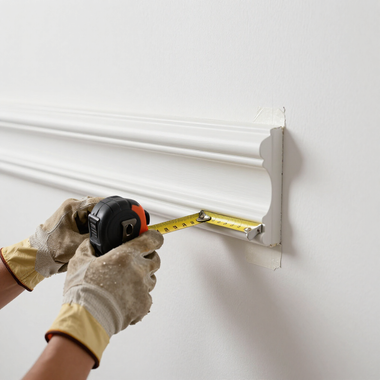 Hands measuring a white wall molding with a tape measure and tape measure tool