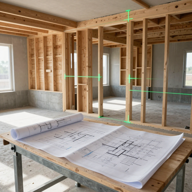 Unfinished house interior with exposed wooden framing and blueprints on a worktable