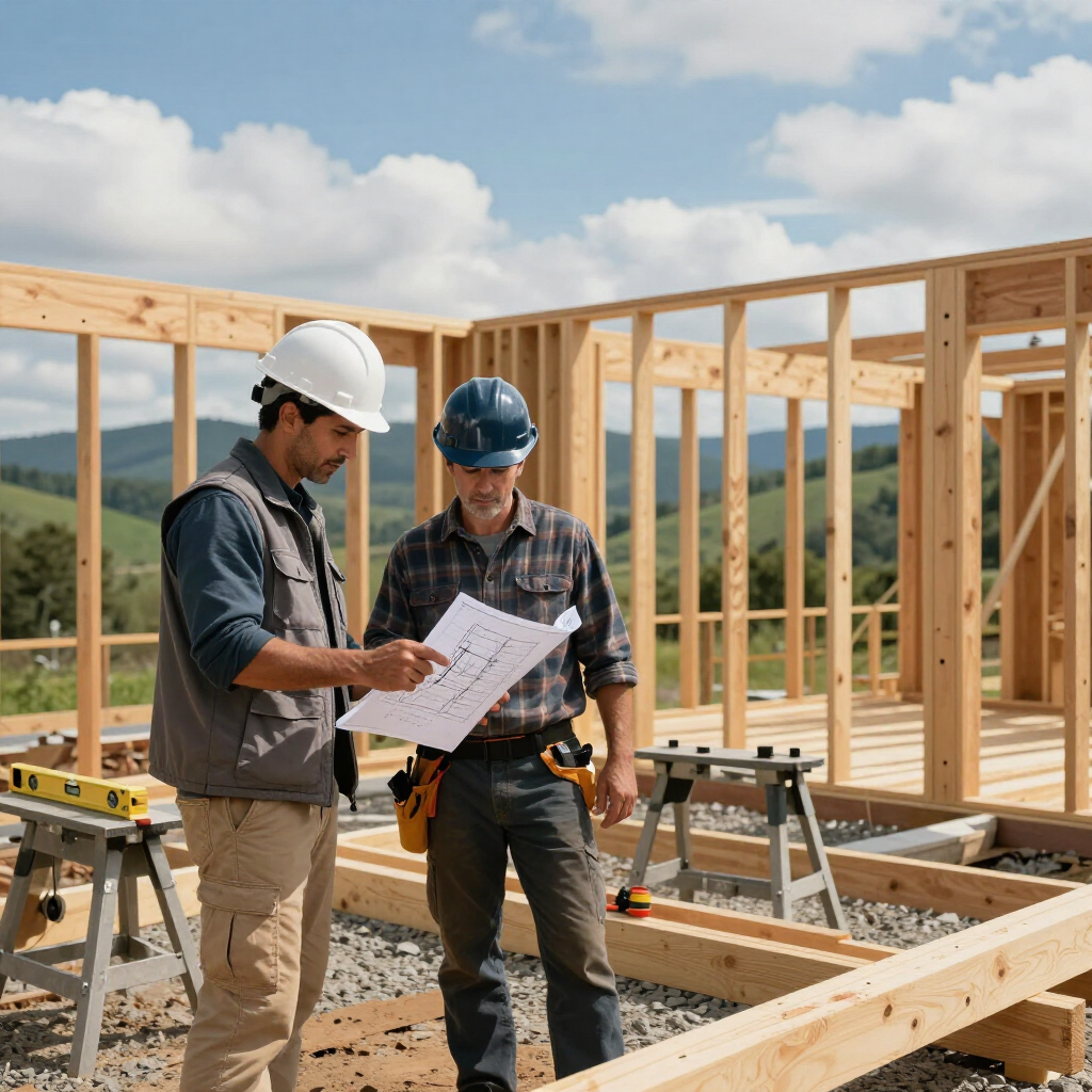 Two construction workers in hard hats review blueprints at a wooden house frame under construction.