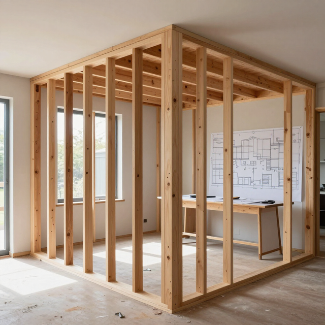 Wood-framed room under construction inside a bright interior, with exposed studs and a desk in the back.