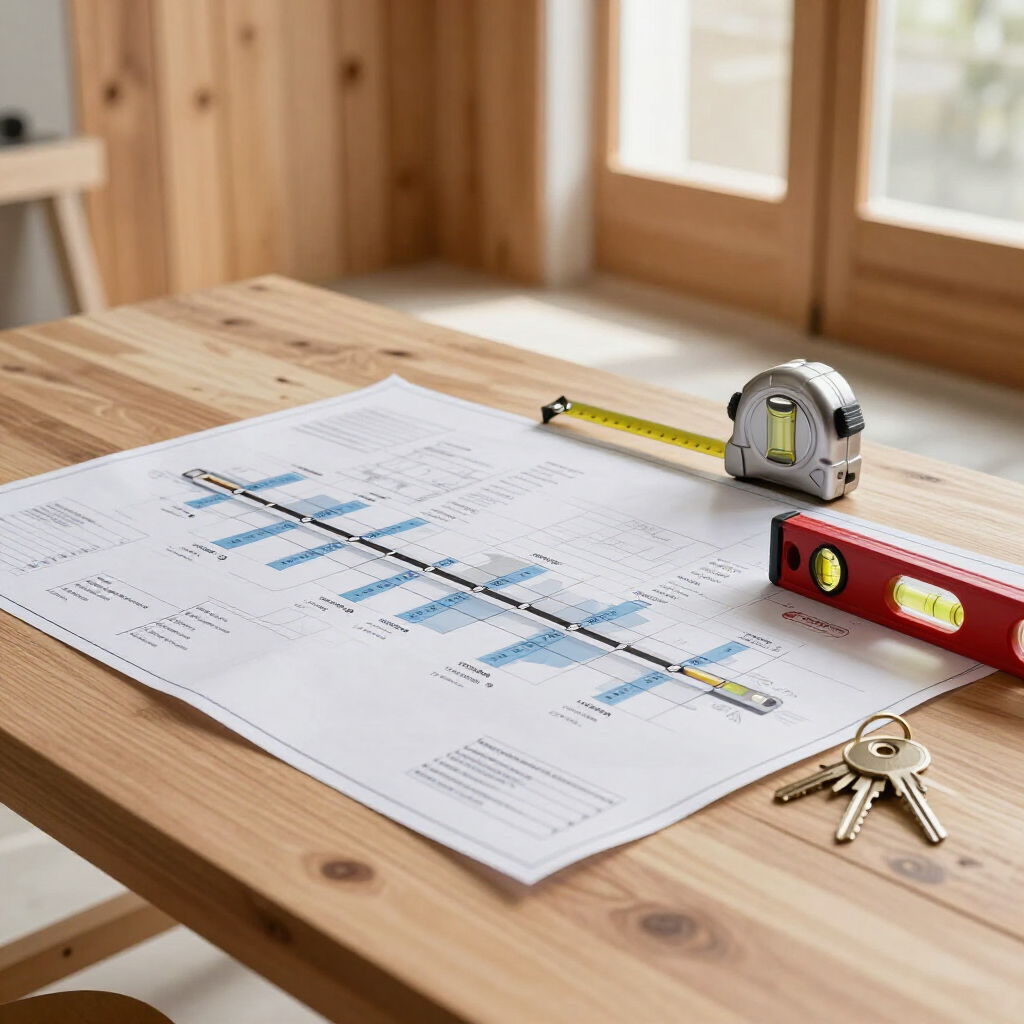 Blueprint on wooden table with tape measure, level, and keys in a bright room