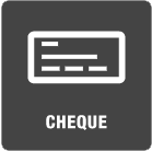A cheque icon on a gray background with the word cheque below it.