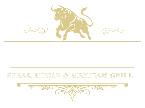 A logo for a steak house and mexican grill with a bull on a white background.