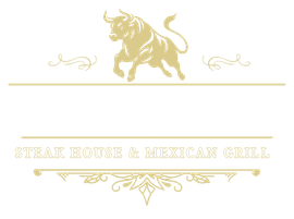 A logo for a steak house and mexican grill with a bull on a white background.