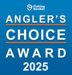 A blue sign that says Fishingbooker angler 's choice award 2025
