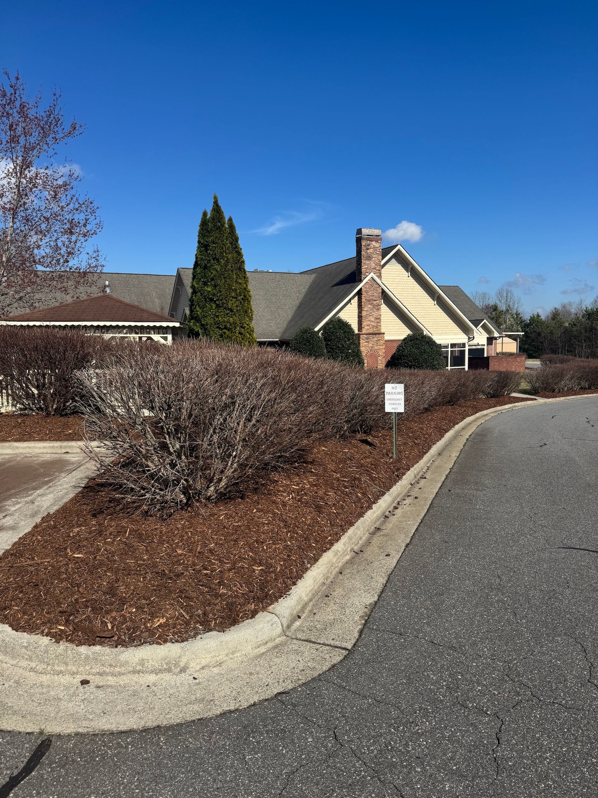 A yellow house with a brick chimney stands behind a landscaped bed of brown mulch, bare shrubs, and a paved driveway.