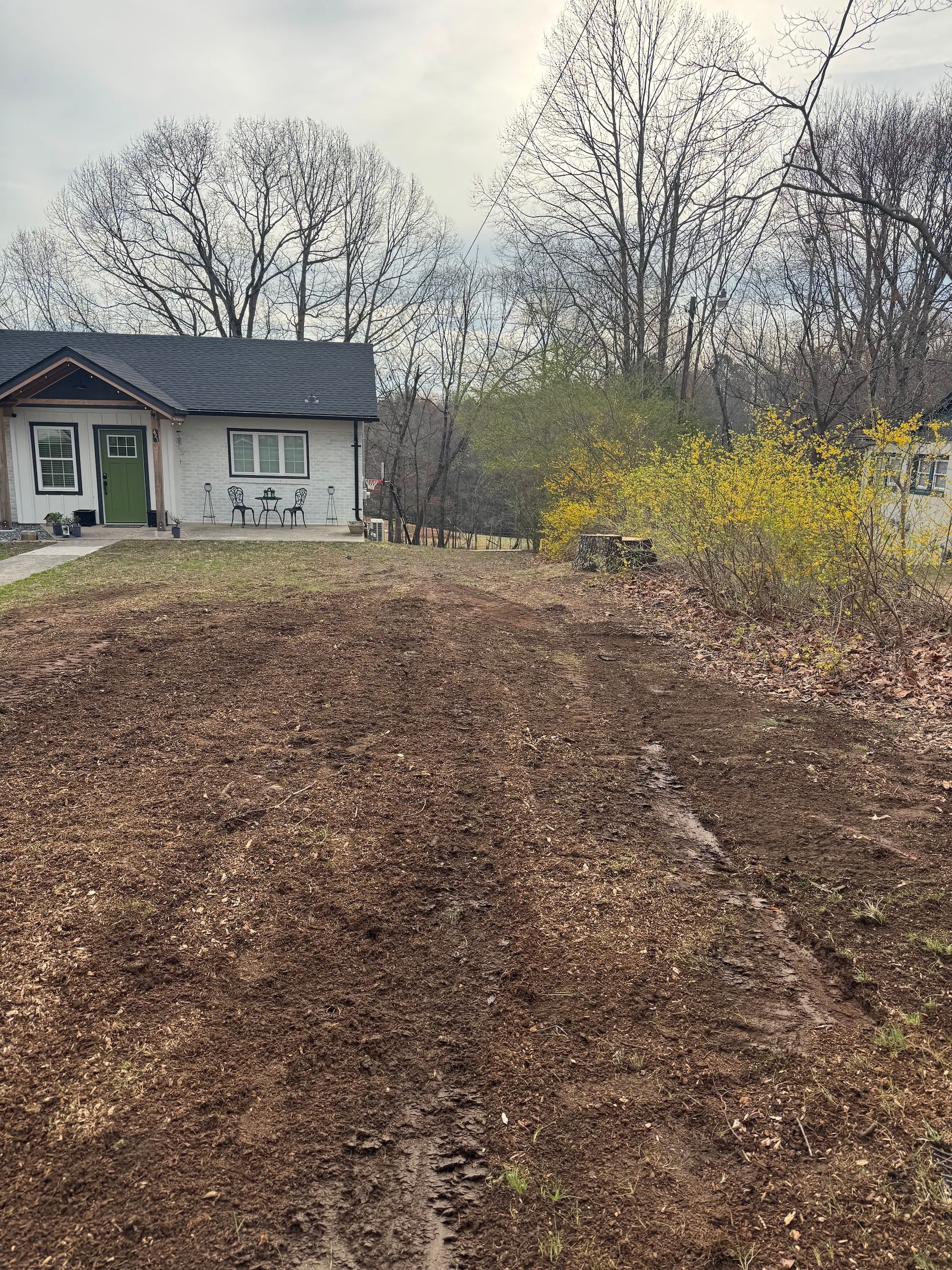 A small house with a white exterior and a green door stands behind a large, leaf-covered patch of bare earth.