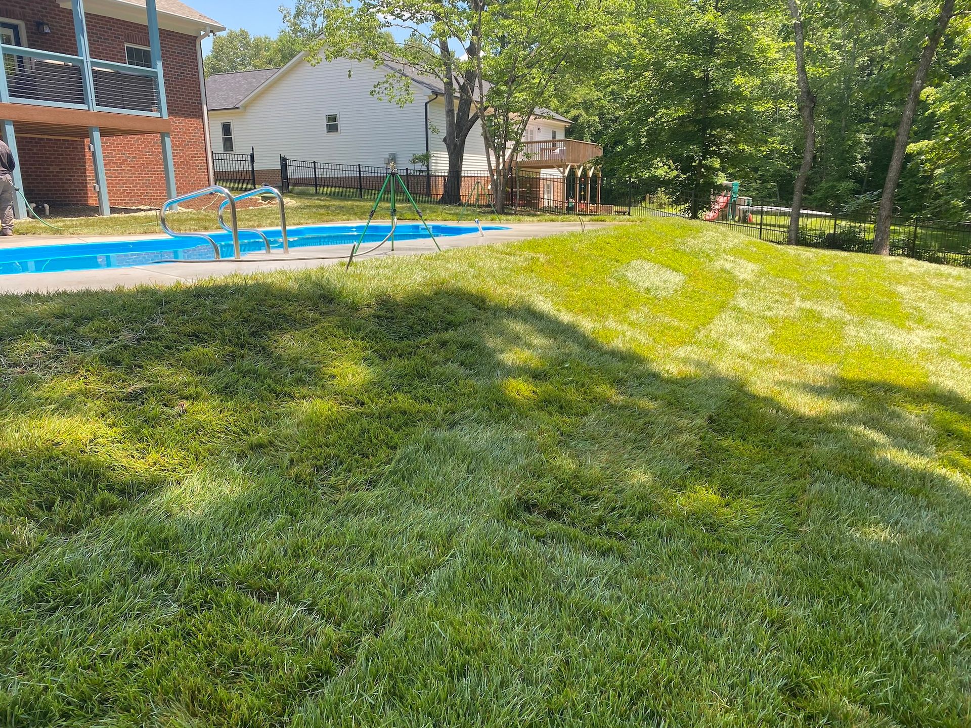 A swimming pool sits in a sunlit backyard with a lush green grassy hill in the foreground and trees in the distance.