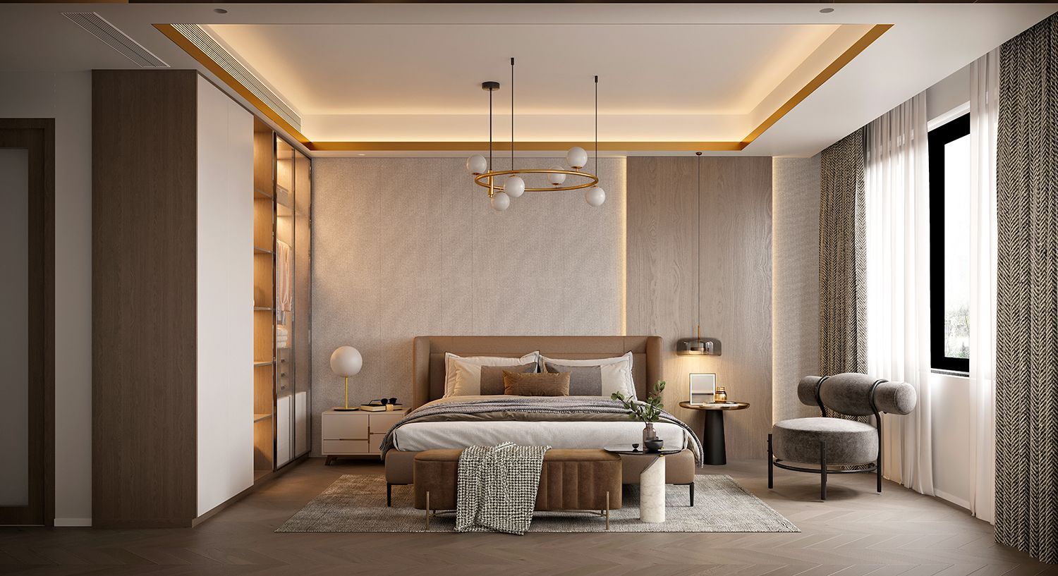 Modern beige bedroom with a bed, bench, chandelier, large windows, and warm recessed lighting Modern beige bedroom with a bed, bench, chandelier, large windows, and warm recessed lighting