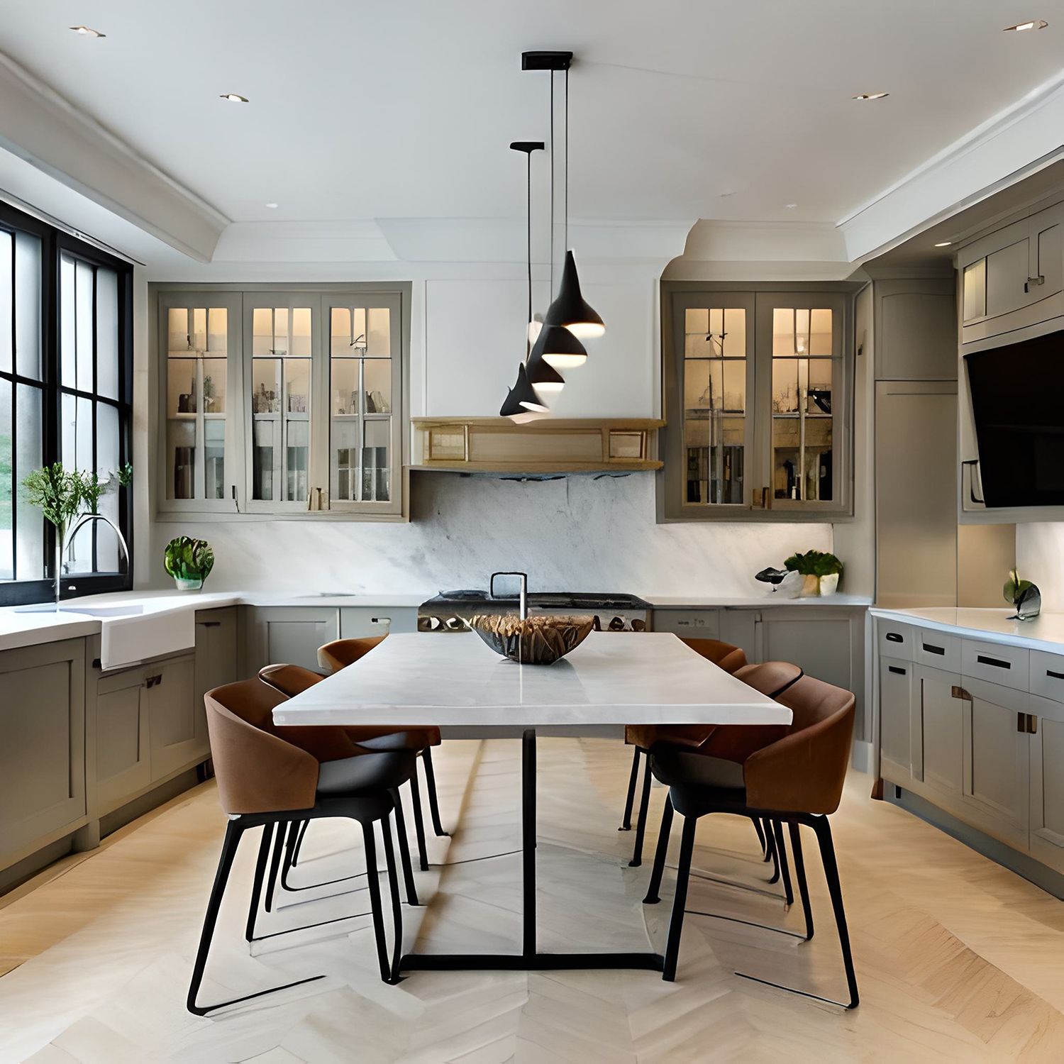 Modern kitchen with a central table, brown chairs, gray cabinets, and black pendant lights Modern kitchen with a central table, brown chairs, gray cabinets, and black pendant lights