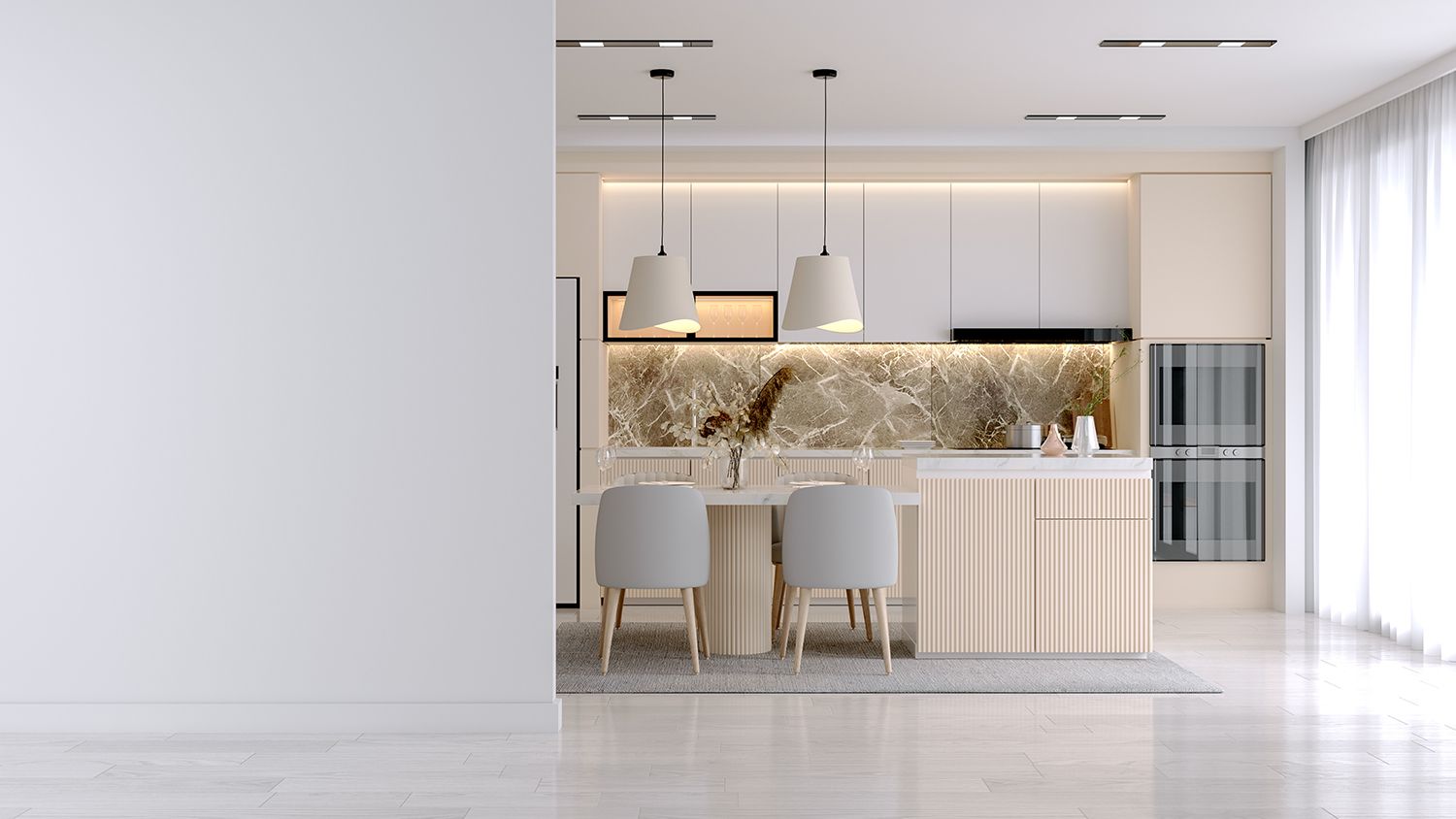 Modern minimalist kitchen with marble backsplash, island seating, and pendant lights Modern minimalist kitchen with marble backsplash, island seating, and pendant lights