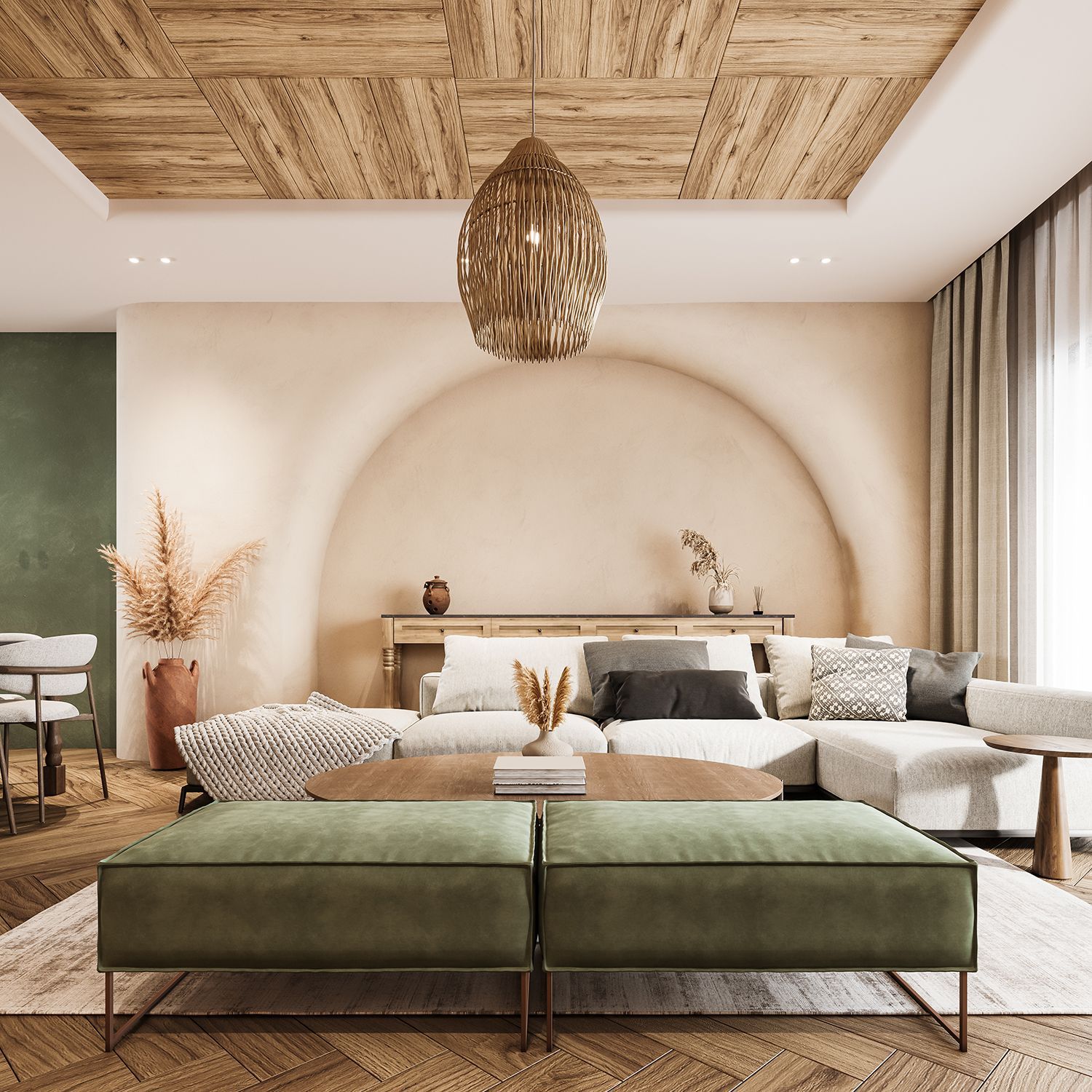 Elegant beige living room with woven ceiling light, white sectional, green ottoman, and rustic wood accents
