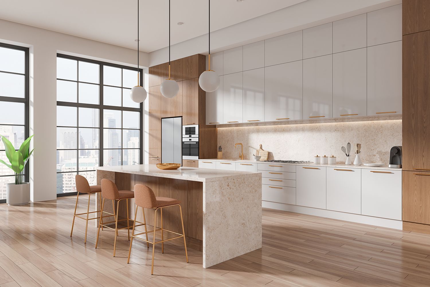 Modern open kitchen with wood island, white cabinetry, and dining chairs in a bright loft space Modern open kitchen with wood island, white cabinetry, and dining chairs in a bright loft space