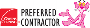 Owens Corning Preferred Contractor logo with a pink Pink Panther character holding a paint roller